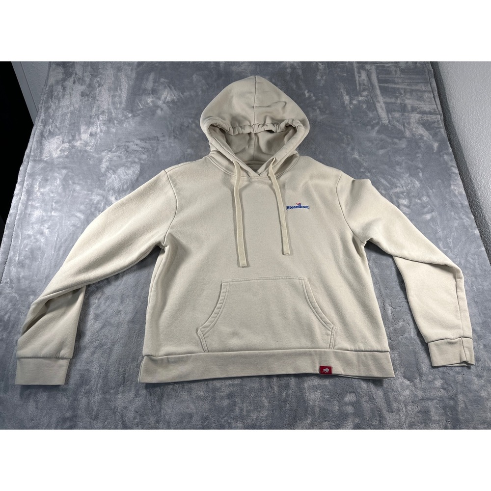 Steamboat Embroidered Hoodie Cream Oatmeal Fleece Pullover Womens Large